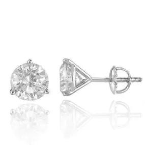 14K Solid White Gold Diamond Stud 3-Prong Earrings