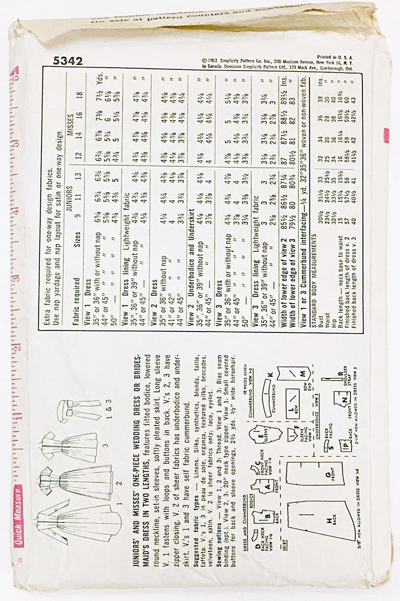 1963 Simplicity 5342 Vintage Wedding Gown & Bridesmaid Dresses Pattern