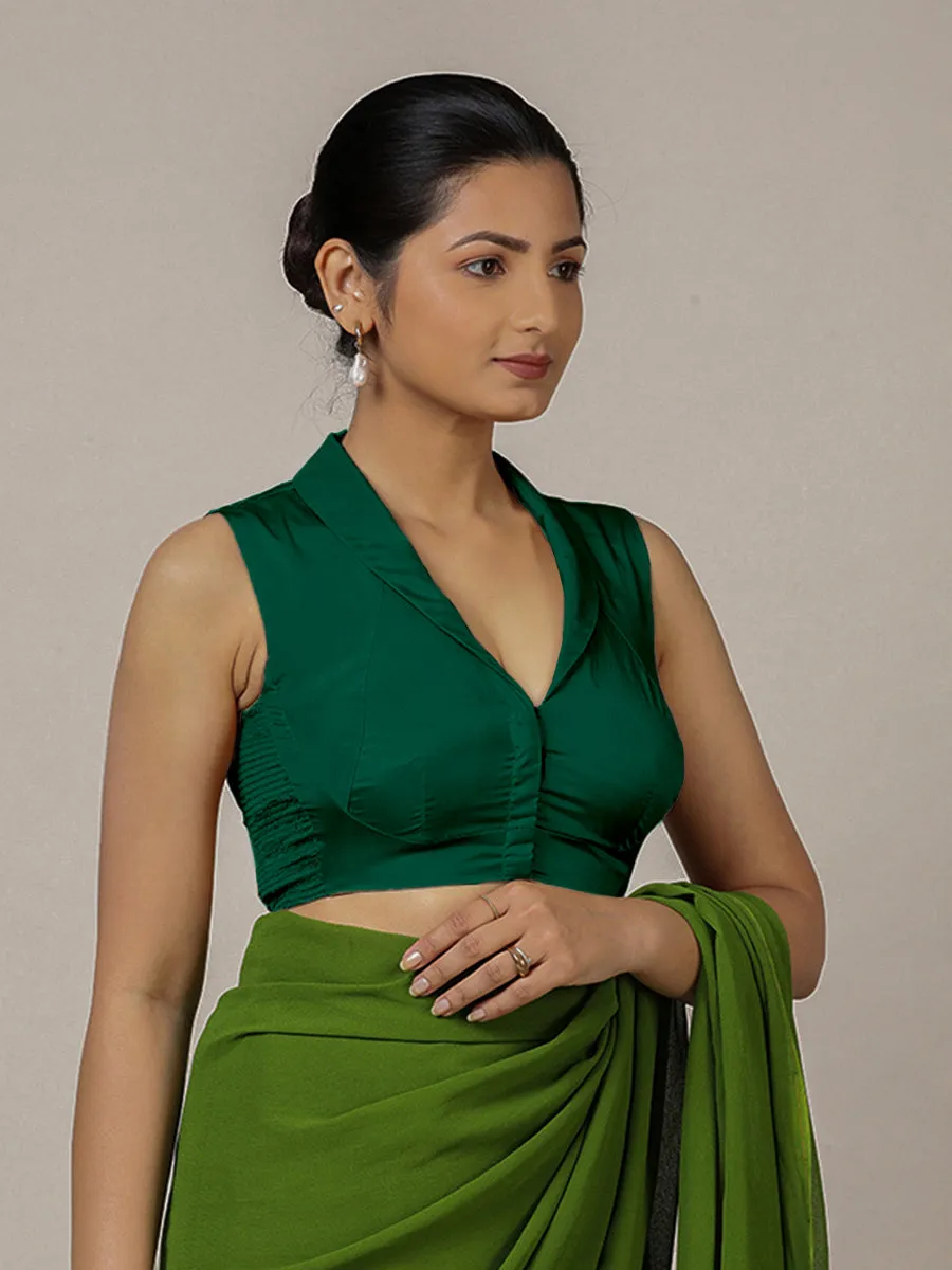 Avni x Rozaana | Bottle Green Sleeveless FlexiFit™ Saree Blouse with Elegant Shawl Collar