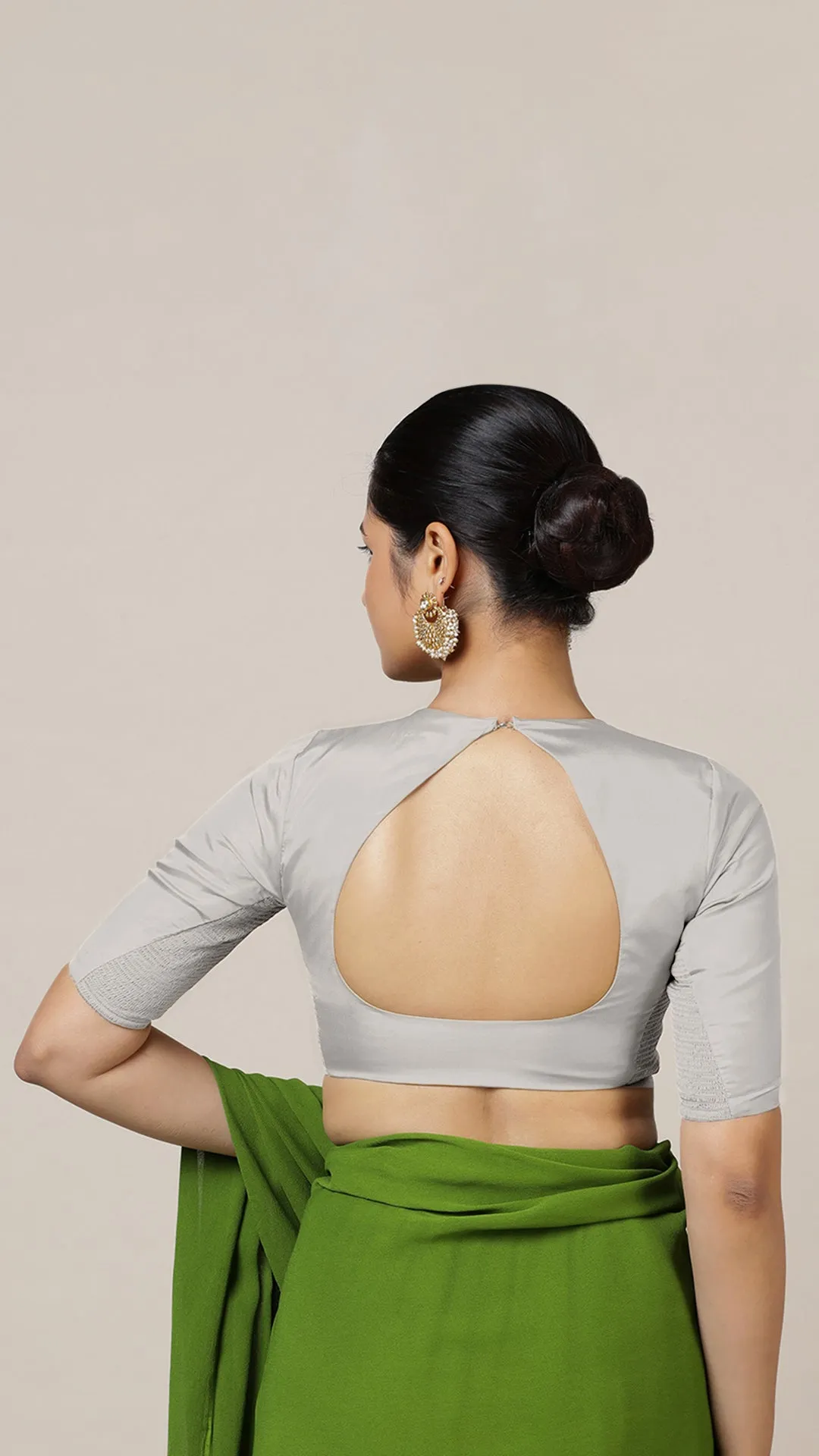 Aziza x Rozaana | Elbow Sleeves Saree Blouse in Silver