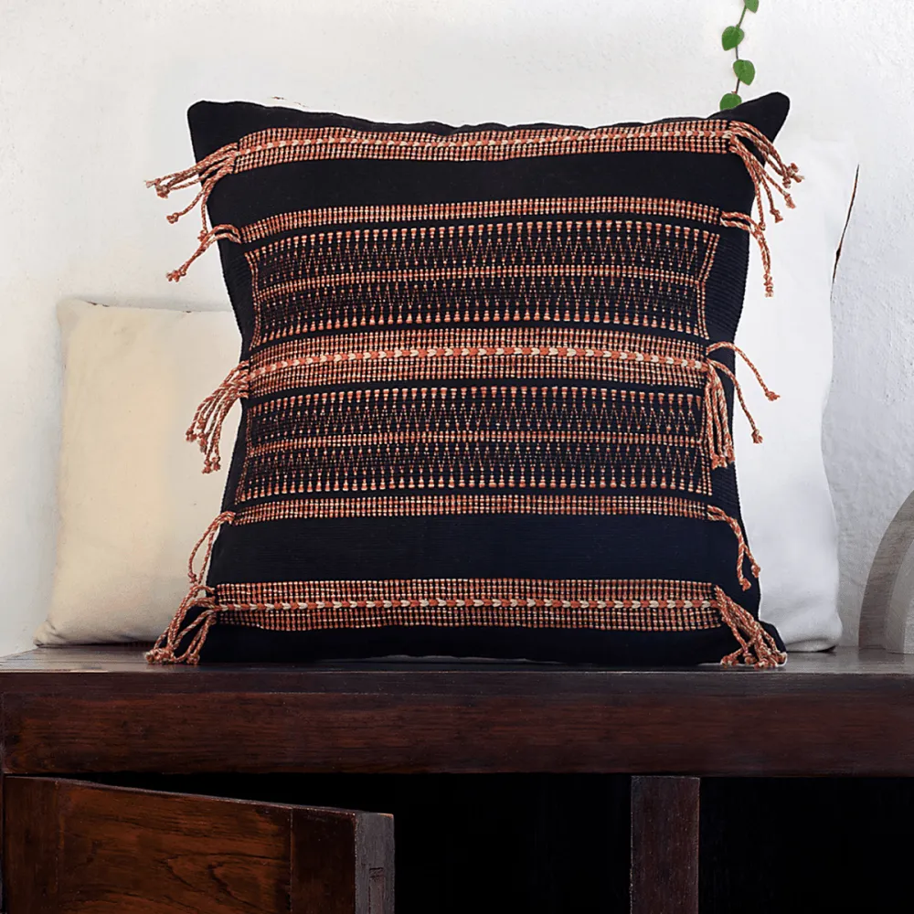 Black Thread Embroidery Cushion Cover With Tassels