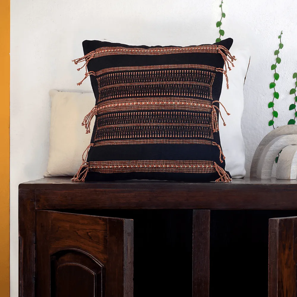 Black Thread Embroidery Cushion Cover With Tassels