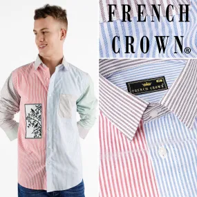 Blush Pink with Cerulean Blue Striped with Embroidered Patchwork Premium Cotton Designer Shirt