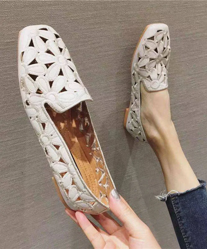 Cotton Fabric Hollow Out Embroidery Splicing Yellow Loafers For Women