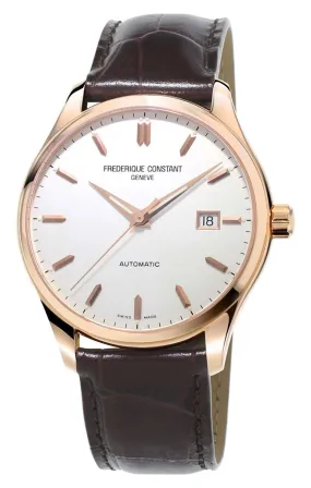 Frederique Constant Classics Index Automatic Rose Gold Tone Steel Silver Dial Brown Leather Strap Mens Watch FC-303V5B4