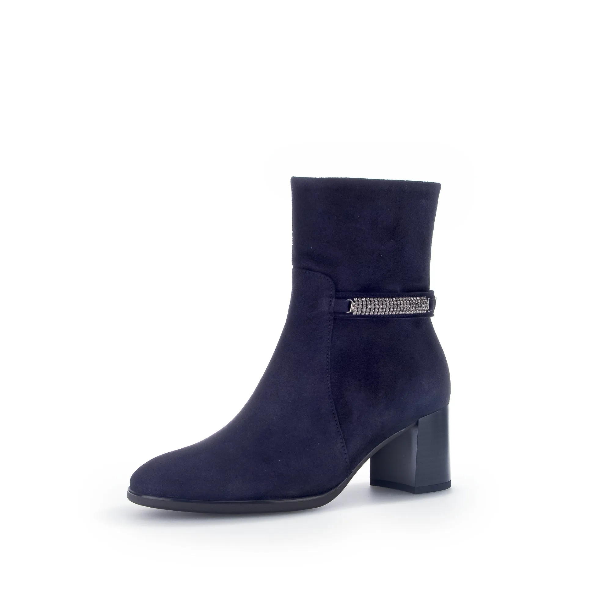 GABOR Navy Suede Block Heel Boot with Diamante Strip 53116