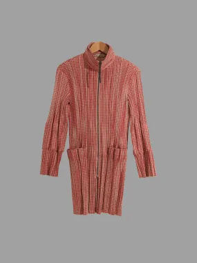 Issey Miyake orange gingham pleated polyester high neck zip coat - L M