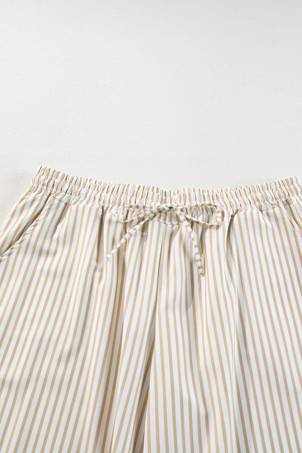 Khaki Stripe Plus Size Drawstring High Waist Wide Leg Pants