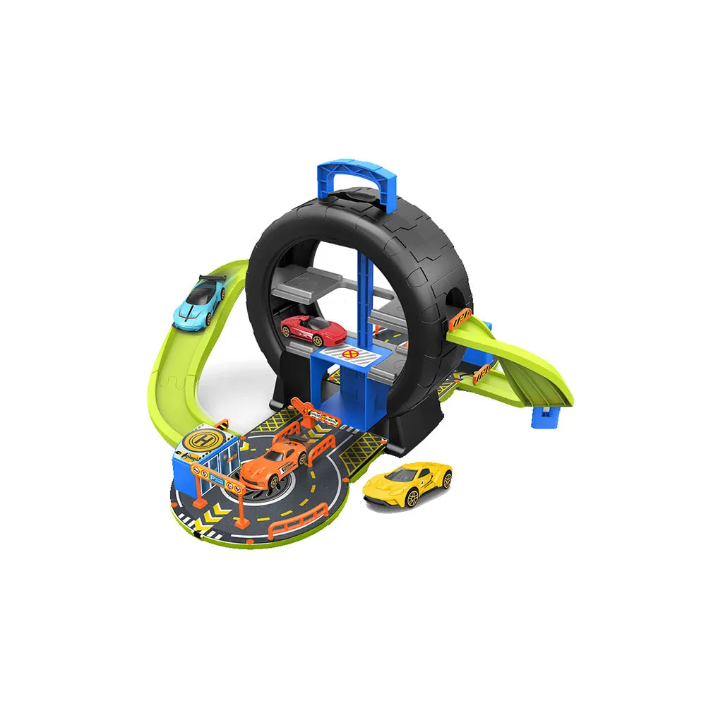 Kid's Tire Track Toy with Car and Manual Elevator Parking Lot Portable Perfect Birthday Gift for Boys