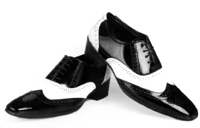 Men's Height Increasing Black and White Faux Leather Mafia Oxford Brogue Lace-Up Shoes