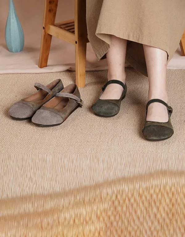 Soft-soled Handmade Retro Strap Flats Green