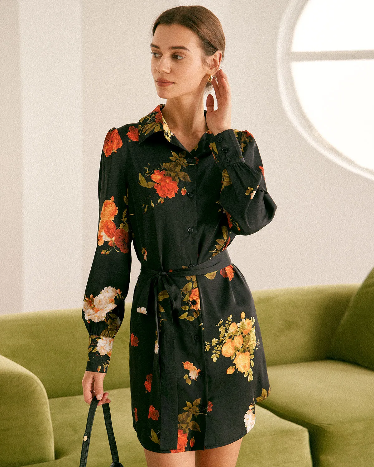 The Black Lapel Button Floral Satin Mini Dress