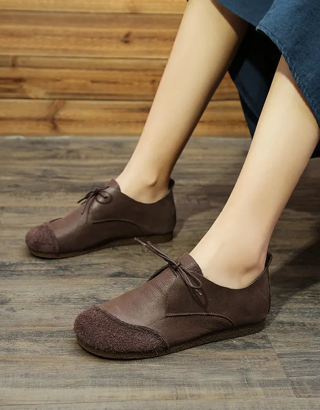 Toe Stitching Soft Leather Lace-up Retro Flat Shoes 35-41