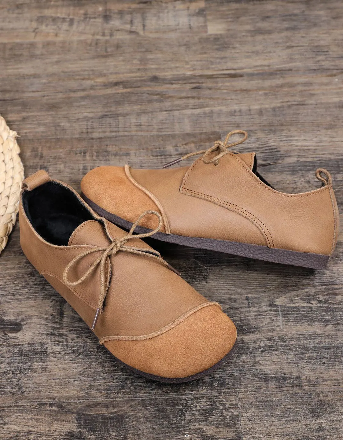 Toe Stitching Soft Leather Lace-up Retro Flat Shoes 35-41