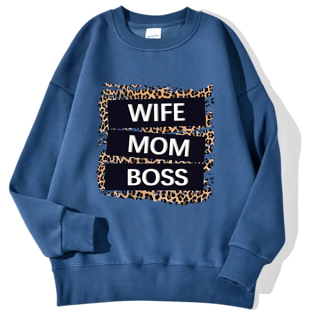 Wife Mom Boss Leopard Print Hoodie: Cozy Crewneck for Autumn & Winter