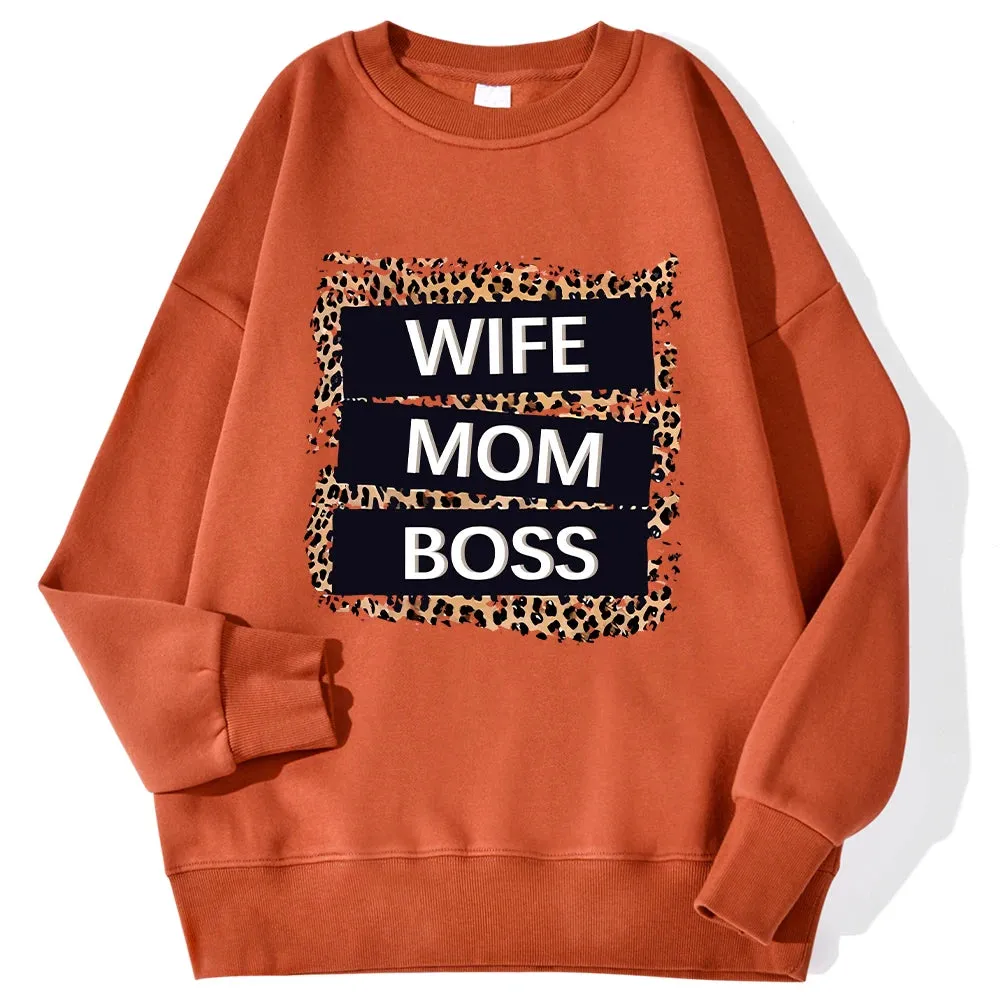 Wife Mom Boss Leopard Print Hoodie: Cozy Crewneck for Autumn & Winter