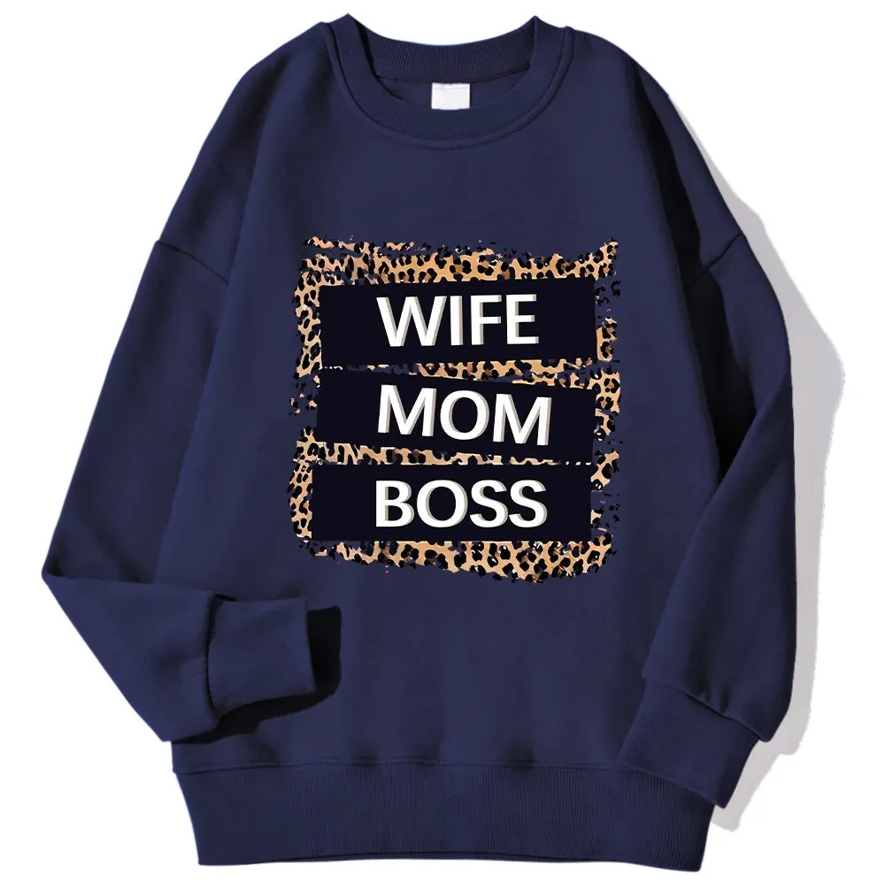 Wife Mom Boss Leopard Print Hoodie: Cozy Crewneck for Autumn & Winter