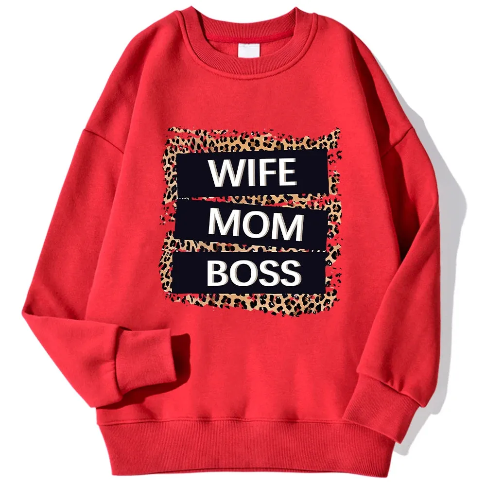 Wife Mom Boss Leopard Print Hoodie: Cozy Crewneck for Autumn & Winter