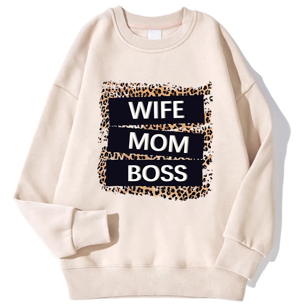 Wife Mom Boss Leopard Print Hoodie: Cozy Crewneck for Autumn & Winter