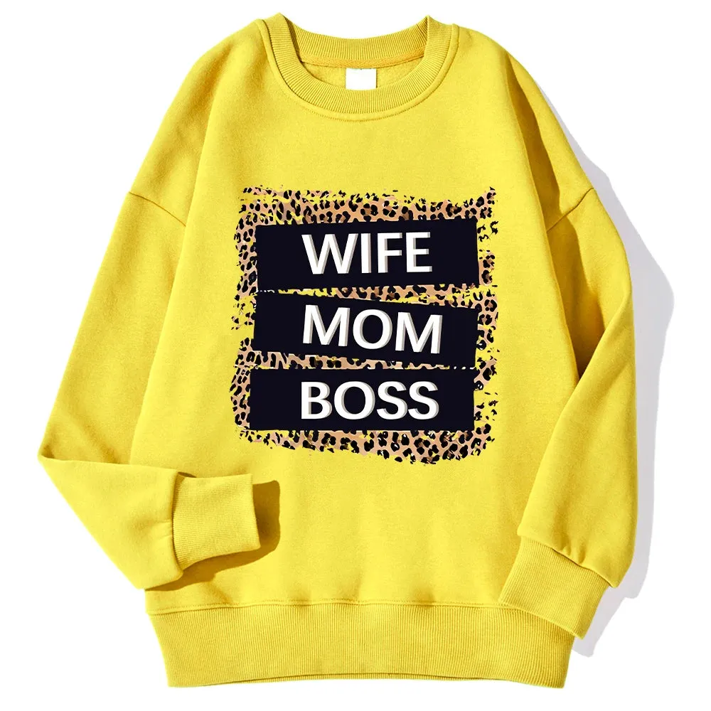 Wife Mom Boss Leopard Print Hoodie: Cozy Crewneck for Autumn & Winter