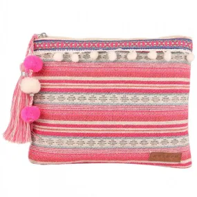 Womens Multi Colour Striped Woven Makeup/Travel Pouch With Tassels