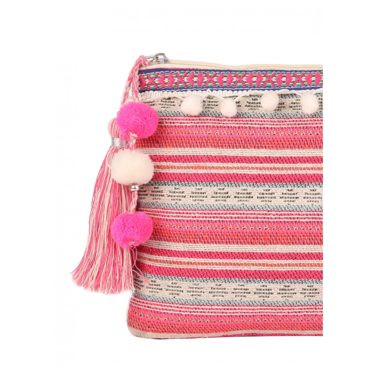 Womens Multi Colour Striped Woven Makeup/Travel Pouch With Tassels